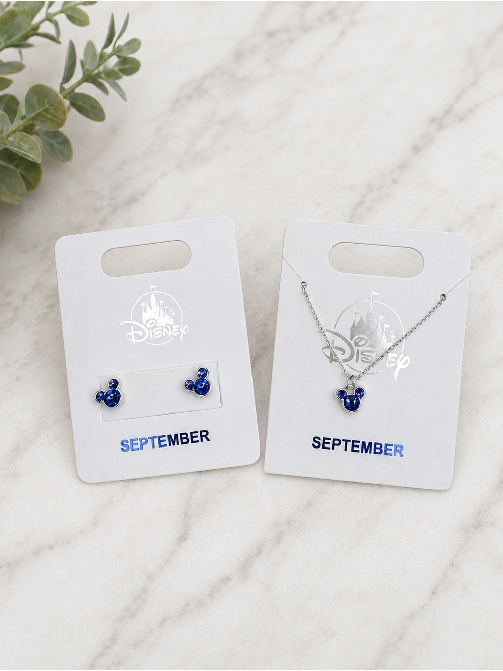 Disney Blue Mickey Mouse Necklace and Stud Earrings Set September Birthstone NWT